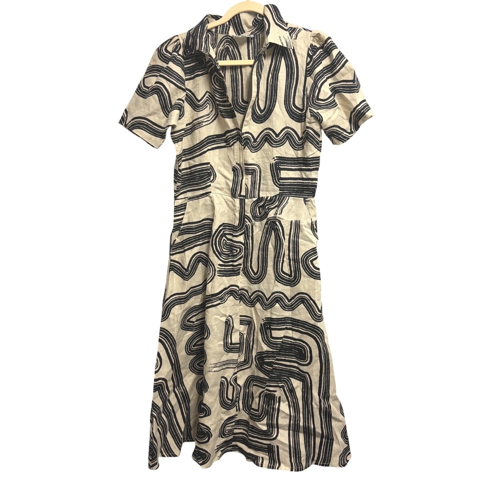 Bel Kazan Dallas Zen Dress Abstract Tan Black Midi Pockets Large